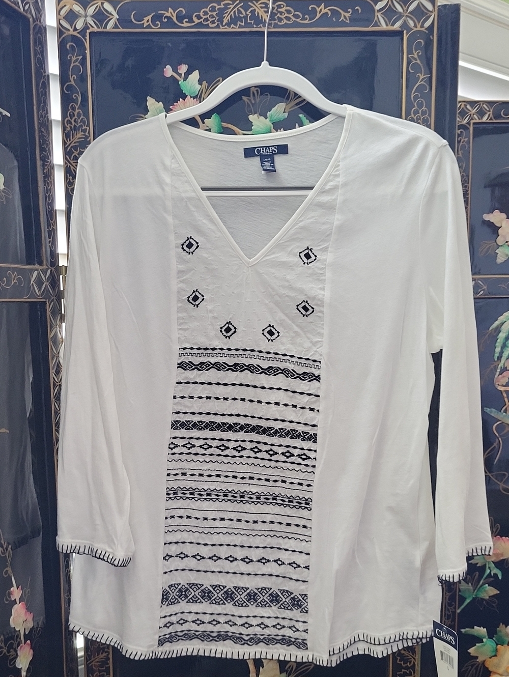 Chaps White V-Neck Tunic with Black Embroidered Panel